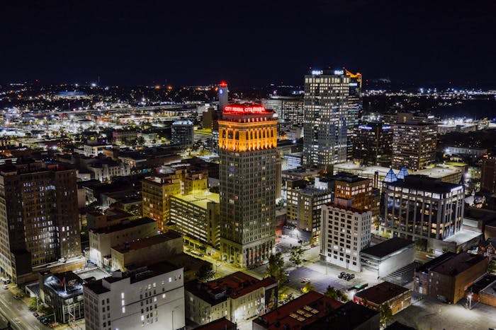 Nighttime Aerial View of Birmingham Skyline in Alabama, US.