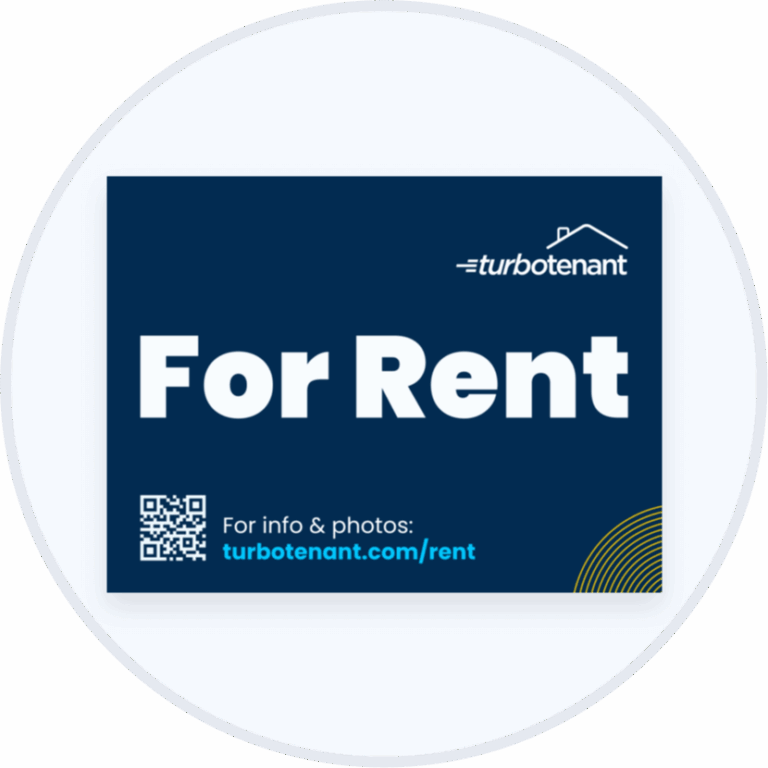 "For Rent" yard sign with a TurboTenant logo on it