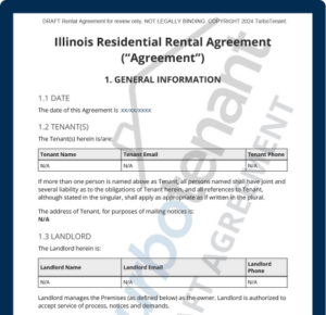 Watermarked sample of a TurboTenant Illinois lease agreement that can be used for fixed term, month to month, and room rental agreements in residential arrangements